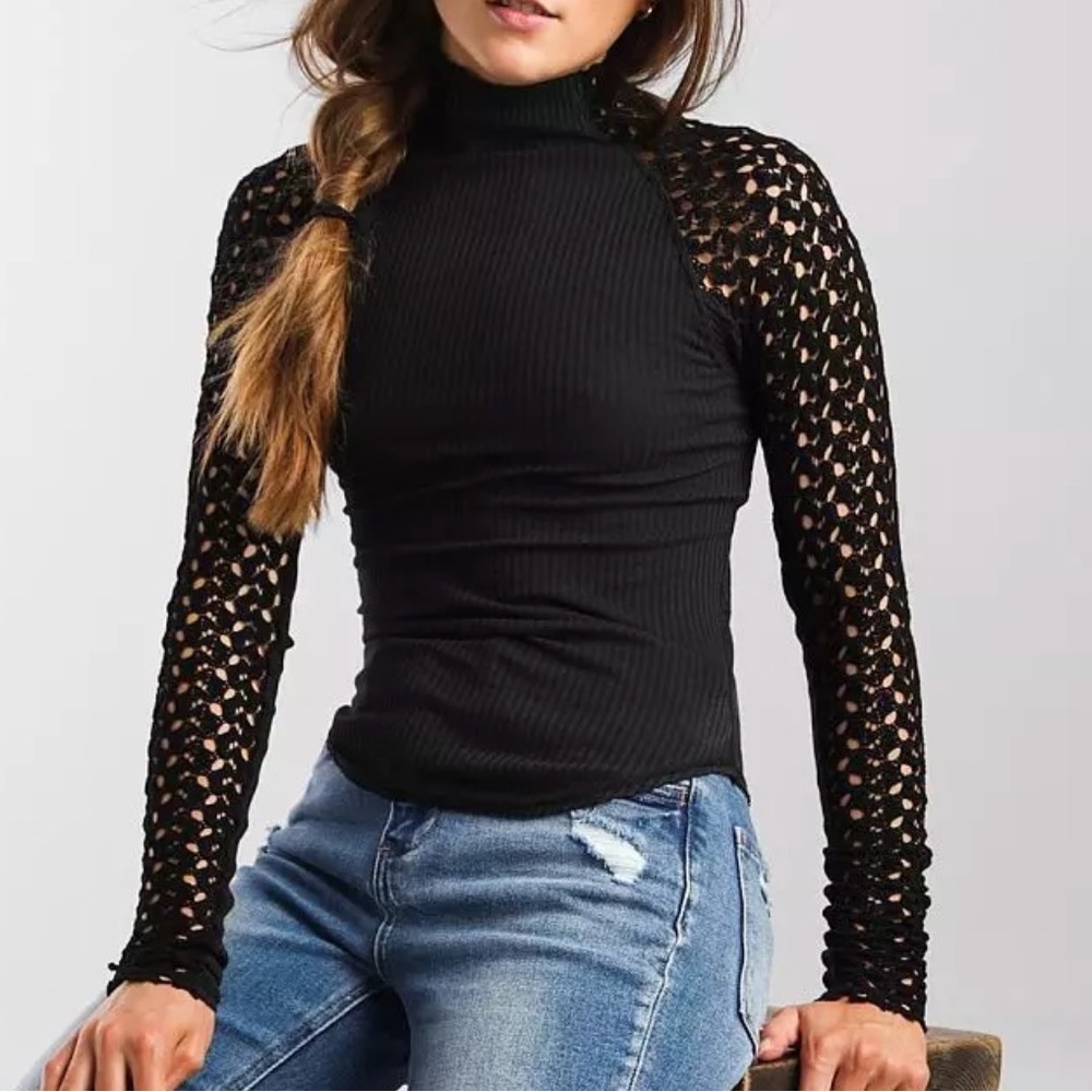 Free People black mock neck top with crochet sleeves - size S